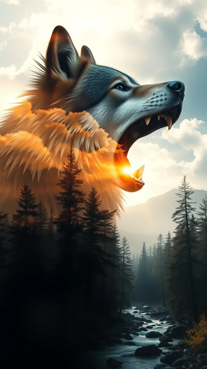 portrait of a wolf open his mouth Double exposure surreal digital art of a mysterious , his face in profile, blending seamlessly into the shape of the clouds . a magical forest scene unfolds, illuminated by golden light rays, with tall trees and a flowing river.