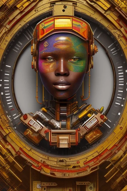 african portrait in rusted clocks, clock face, rust, scaffolding, ghana colours, cyberpunk, high detail