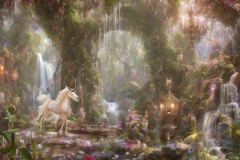 A beautiful fairytale magical composition of a rainforest with a waterfall, a masterpiece, patchwork-like, made of different materials: tulle embroidered with precious stones, lace and real pearls, silk, velvet, burlap, faux fur with leopard print. Unicorn, flowers