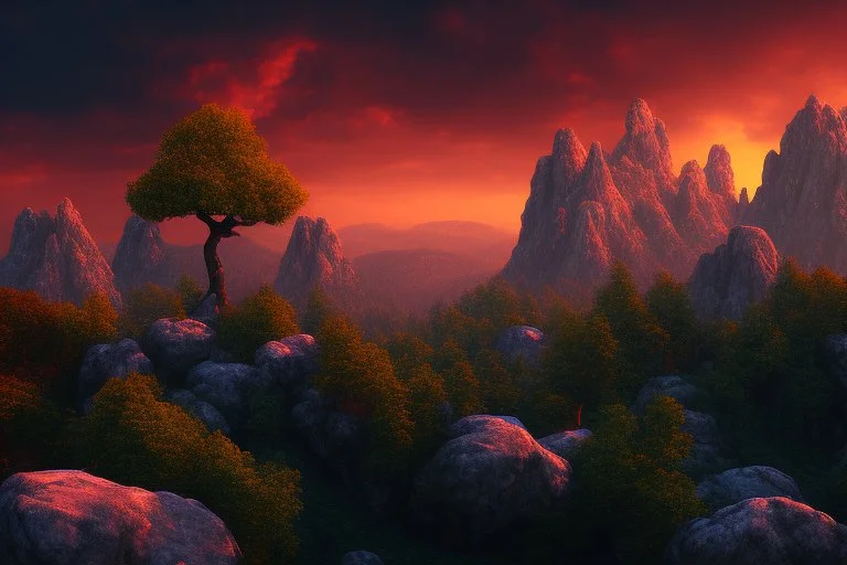 mountains, a gloomy rocky landscape, cypresses stretching up in the foreground, rocks and a bloody sky in the background