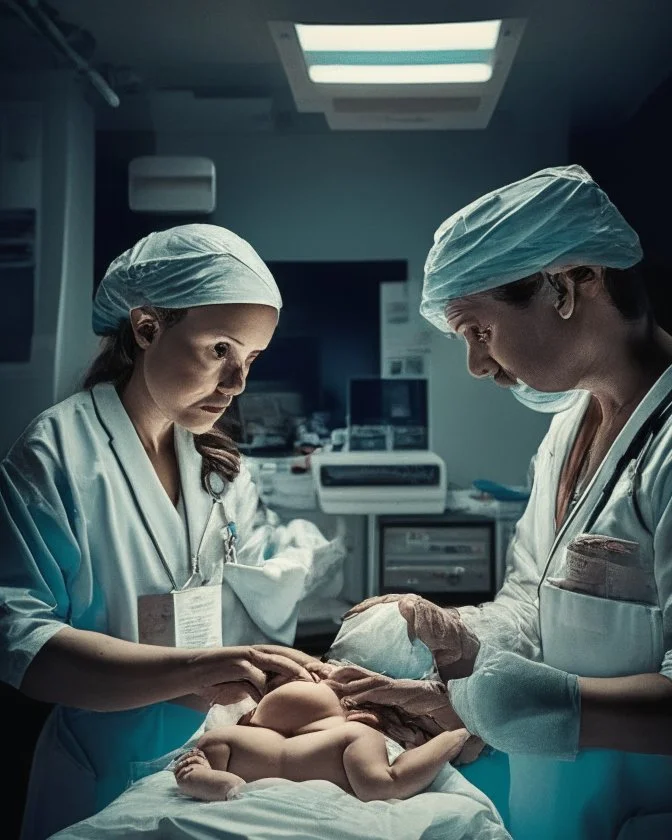 image of two doctors in a hospital surgical theatre holding a newborn baby