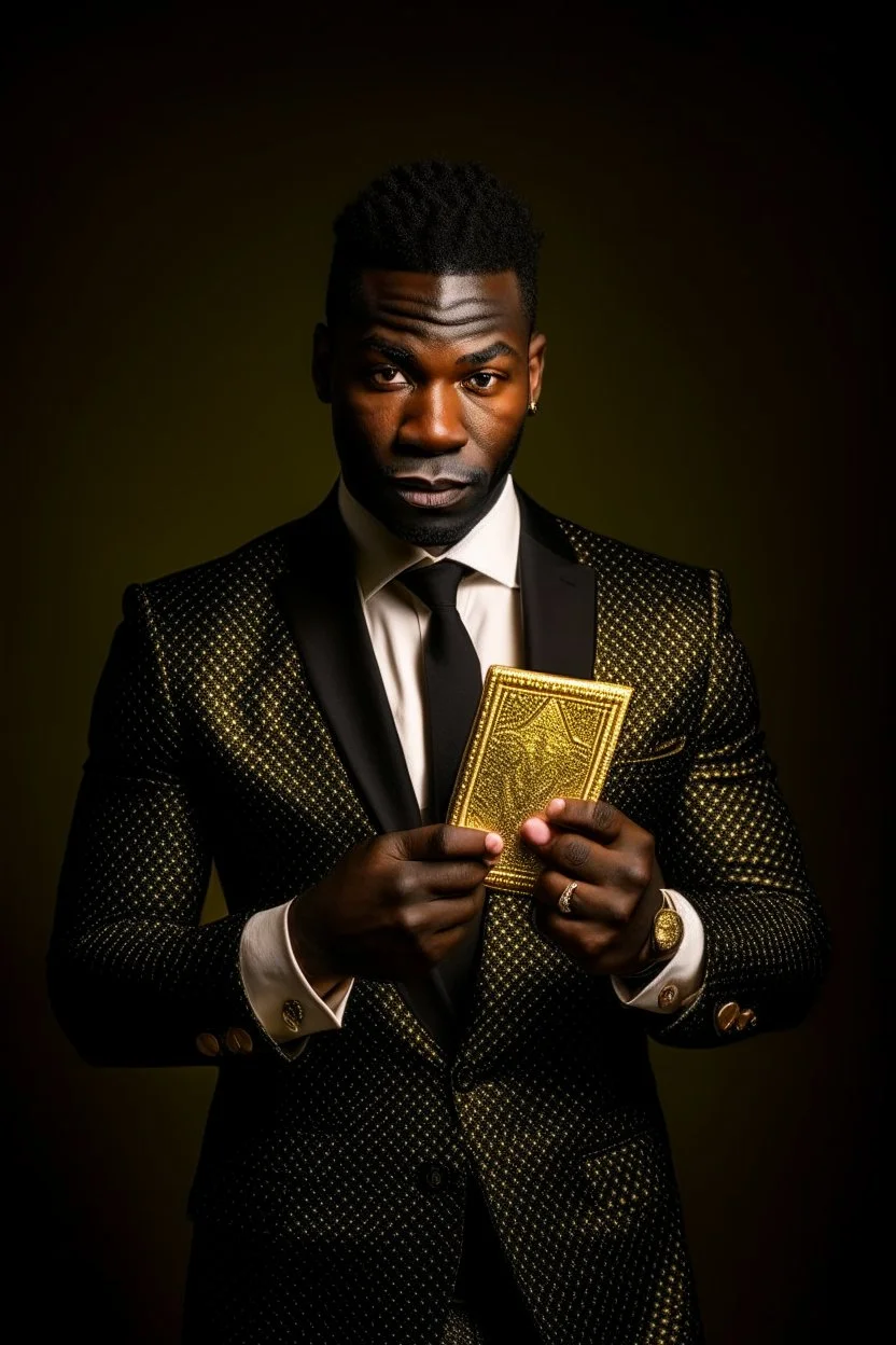 Dashing black man in a suit with gold trimmings. He's holding a deck of cards.
