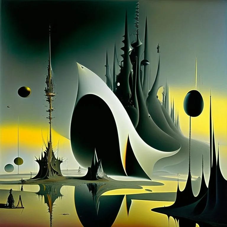 Odd open space, metaphysical, giant object, very detailed, person, Yves Tanguy