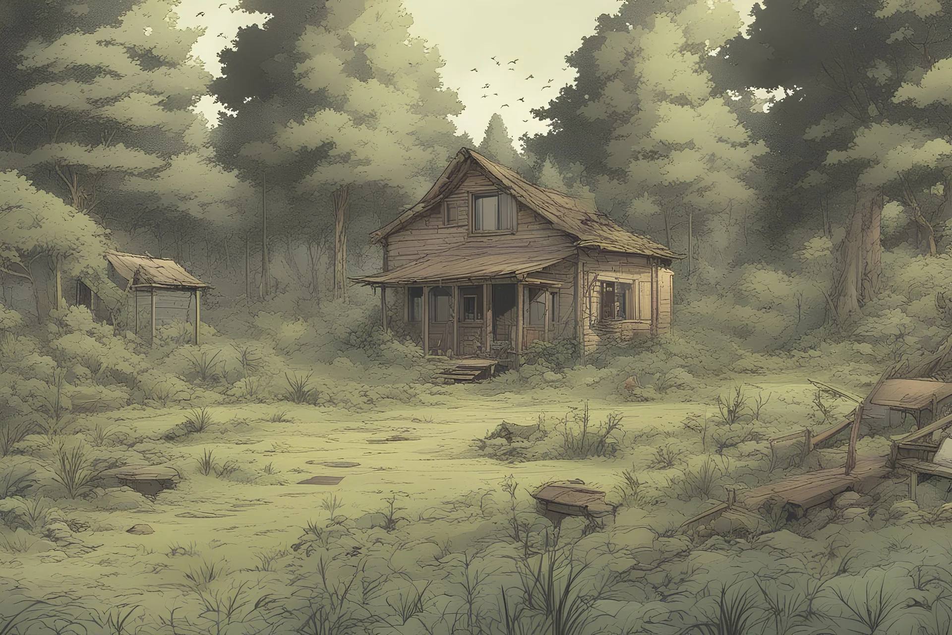 clearing, yard, forest,overgrown, post-apocalyptic, comic book,
