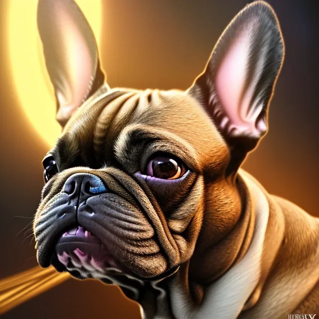 a detailed illustration of a french bulldog, phoenix bird wallpaper, luminescent body, full body, symmetrical body, realistic, glowing muscles, sharp focus, meticulously detailed, soft evening sky, 64k