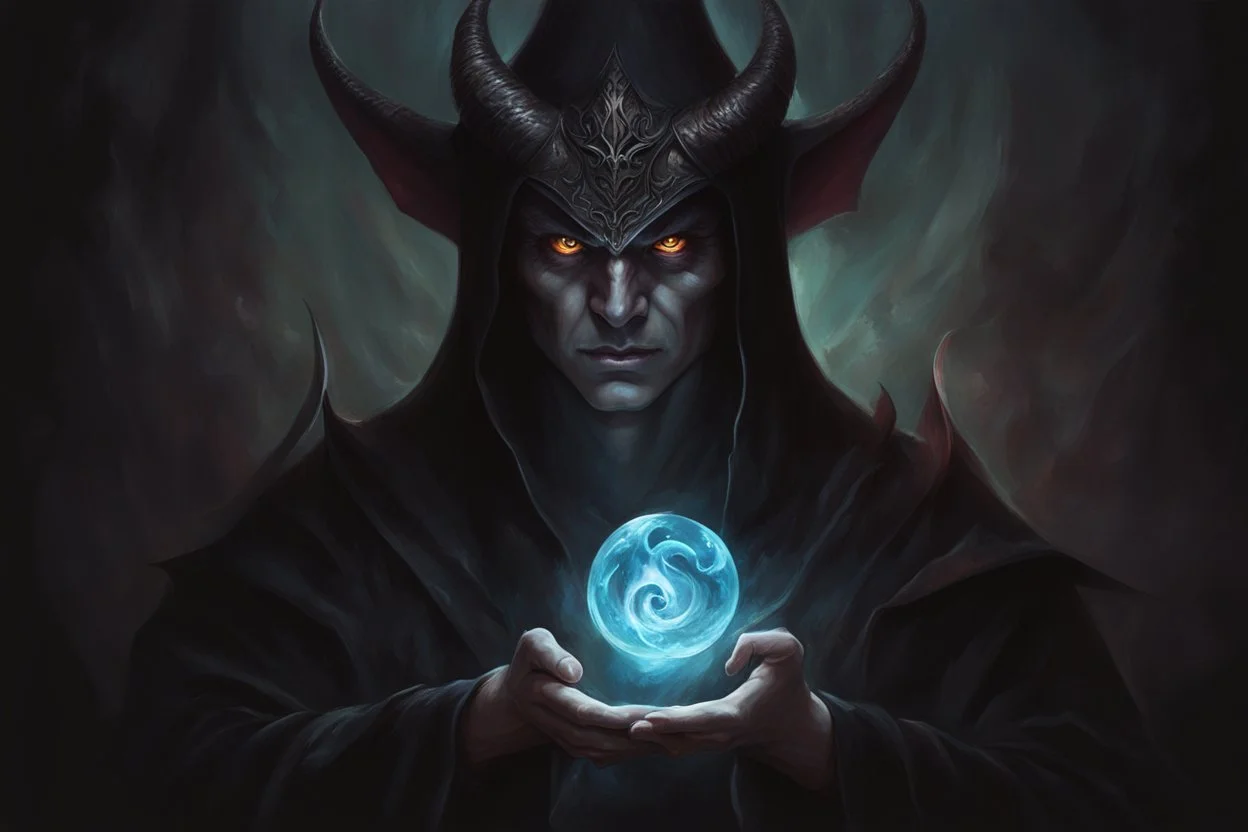 A dark sorcerer, magic spell, head of the demon, demon, devil, magical, mystical, photoshop painting, by Jason Chan.