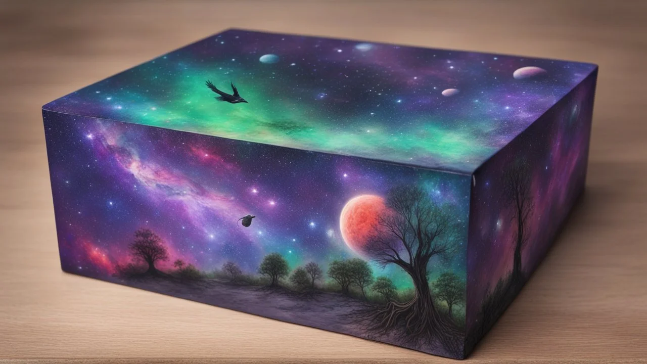 a box 10 cm long by 5 cm wide and 25 cm high, drawn on a box on all sides, space, tress, planets, crow galaxies a lot of colours purple, green and red, portal too others galaxy, realistic