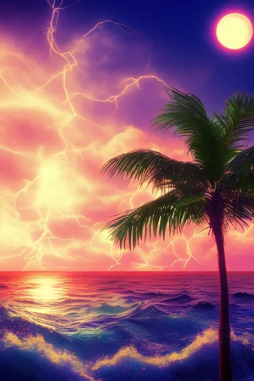 1980's vaporwave aesthetic palm trees with lightning with solar eclipse in the ocean waves sunset