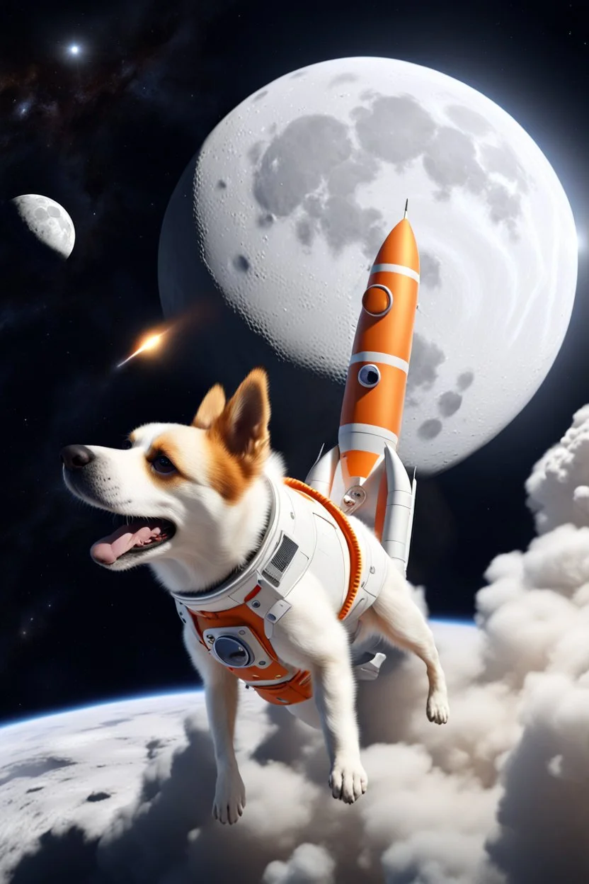 white and orange dog flies to the moon on top of the a rocket, writes, in space, realistic, 4k, Cinematic,