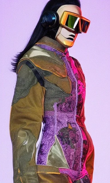 Model catwalk, asa akira. Camouflage colors are terracotta, cream and purple, lilac and Cream latex, Unmellow yellow! European daft punk woman. Mantle is sewed of recycled Denim and sewed together of recycled polymer felt. lace, Yellow(Munsell) areas. hint of orange as effect color!!Big bright purple/khaki felt tippet and cream or blue or lilac colored-hood. mantle is merged with satchel. . AKG-style headphones (gold rings!) is merged with small felt cap, cyan small visor.