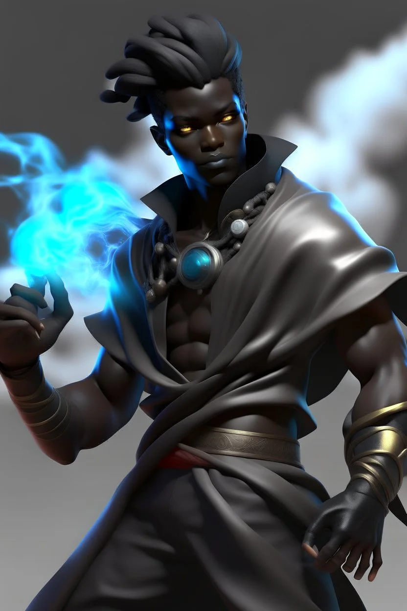 Male Air genasi fra d&d with black skin smoke some hair an Asian skin ghostly appearance with a Smokey undertone