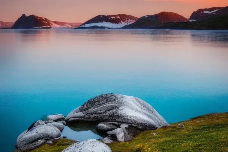 highly detailed glacial lake landscape, sunset, cinematic lighting, 4k, 8k, octane render, trending on 500px, pinterest, extremely detailed, ambient lighting, single frame, small fiberglass sea kayak on rock pebble beach in foreground, norway, iceland, fjord