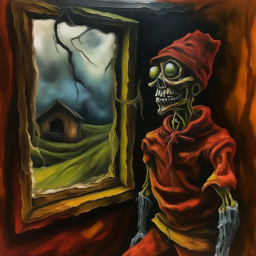 evil sentient scarecrow looking in window, dramatic, horror, by Roberto Matta, 2D oil painting, scary hues