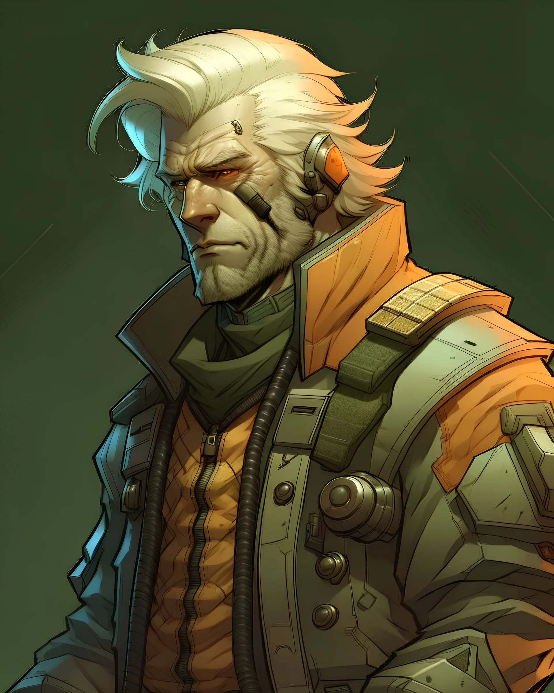 High Quality Science Fiction Character Portrait of an bounty hunter with bleached Hair in a Bomber Jacket. Illustrated in the Style of Disney