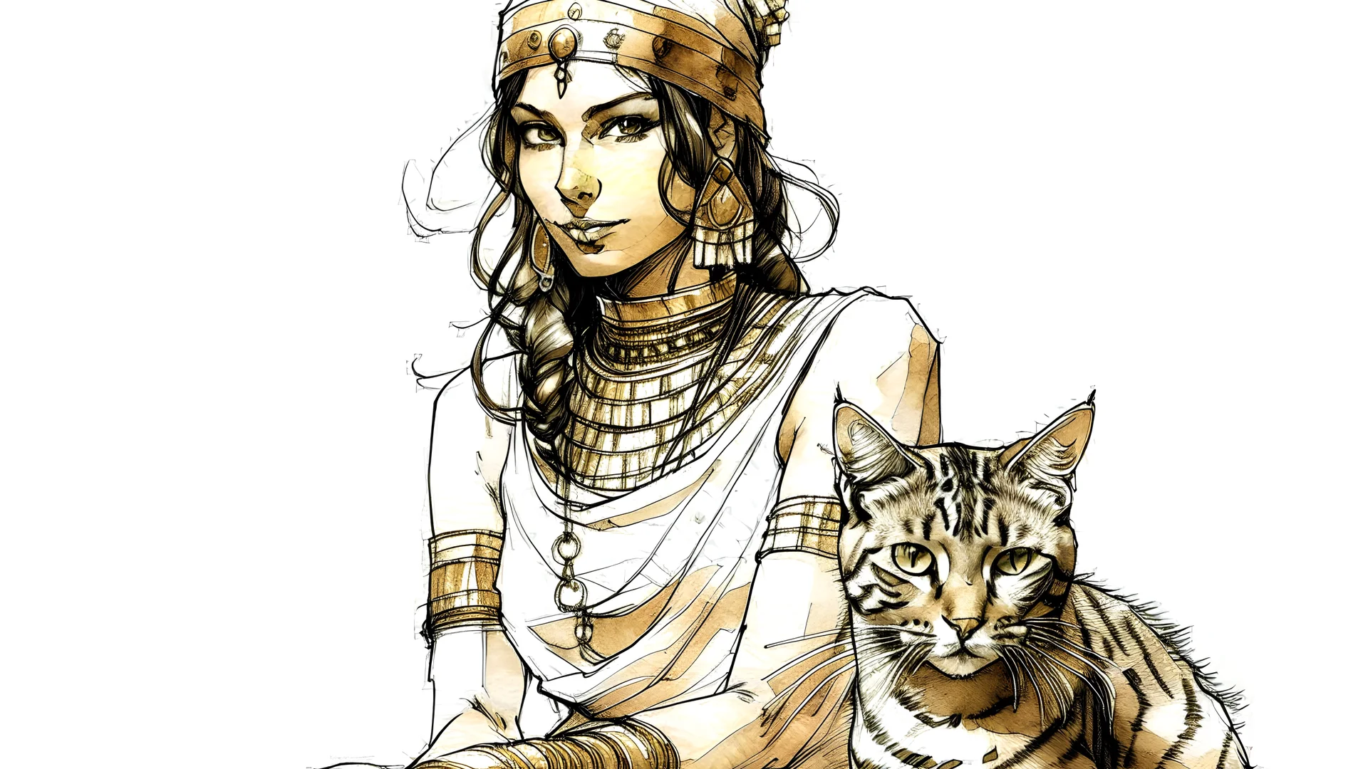 Illustrate a captivating image of a girl resembling Cleopatra, holding a cat, against a white background. Specify a hand-drawn style with strokes, emulating the Paleolithic art style. Ensure the composition captures the essence of ancient artistry, creating a visually unique and evocative scene depicting the girl and her feline companion.