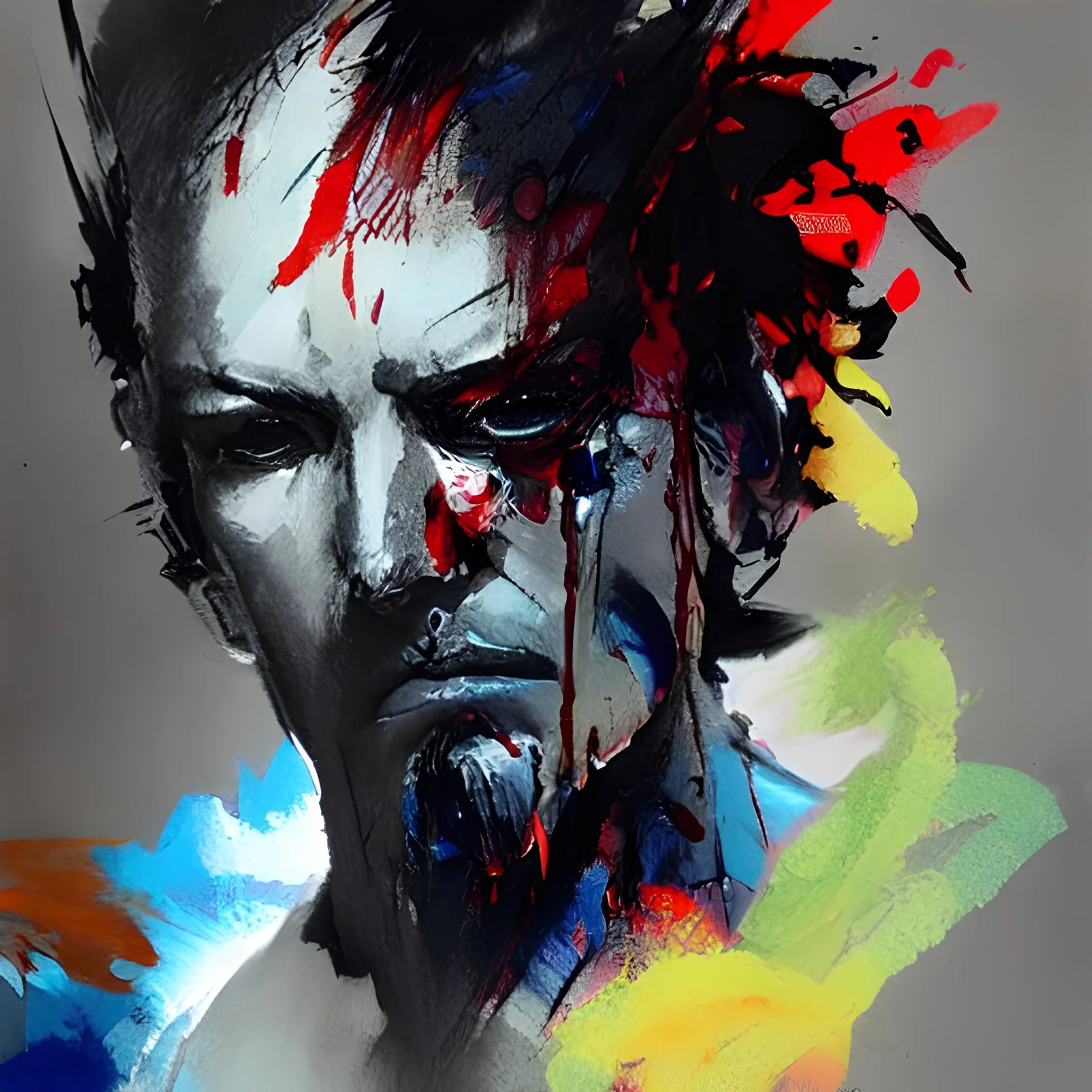 Fullbody portrait of an abstract angelic demon looking at a mirror, colorful charcoal painting, by yoji shinkawa on lsd, erratic brush strokes, sense of dread and death and blood, greg rutkowski, rough