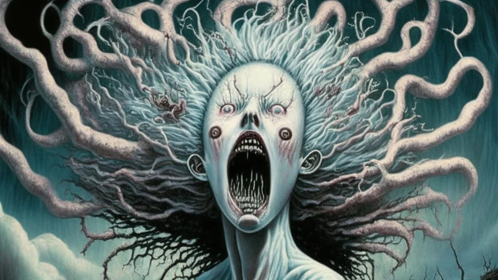 "The Wilhelm Scream of Imaginary Dead Wives" in the style of Michael Hussar and Walter Van Beirendoncks; features a ghostly figure of a woman with windblown crazy hair and mouth wide open in a scream, surrounded by intricate details such as twisted branches, ominous clouds, and hidden symbols. The image is meticulously crafted with an award-winning level of detail that invites the viewer to explore its mysterious depths.