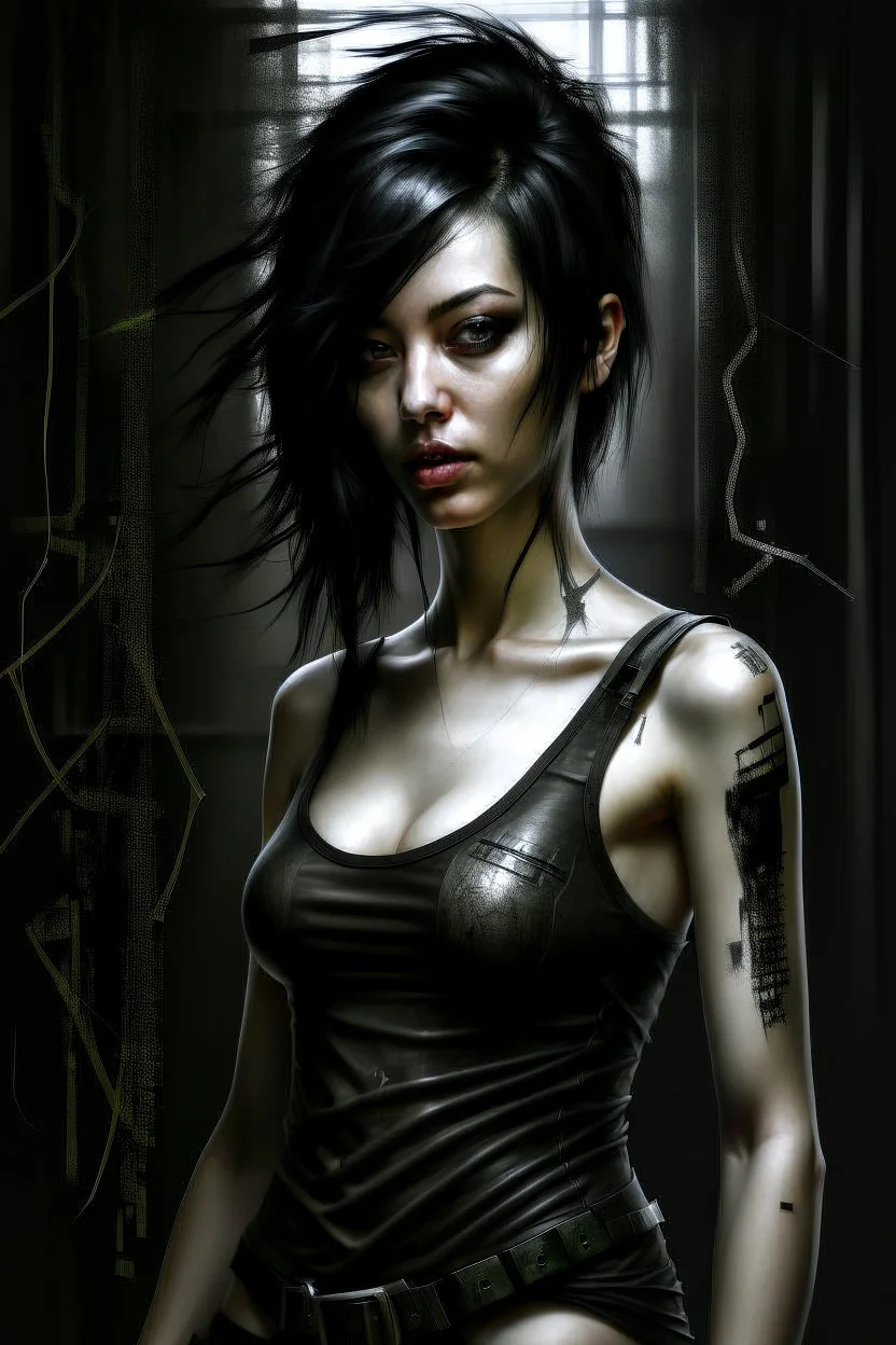 pretty girl, aged 14, black hair, dystopia, athletic, digital art, black bodysuit