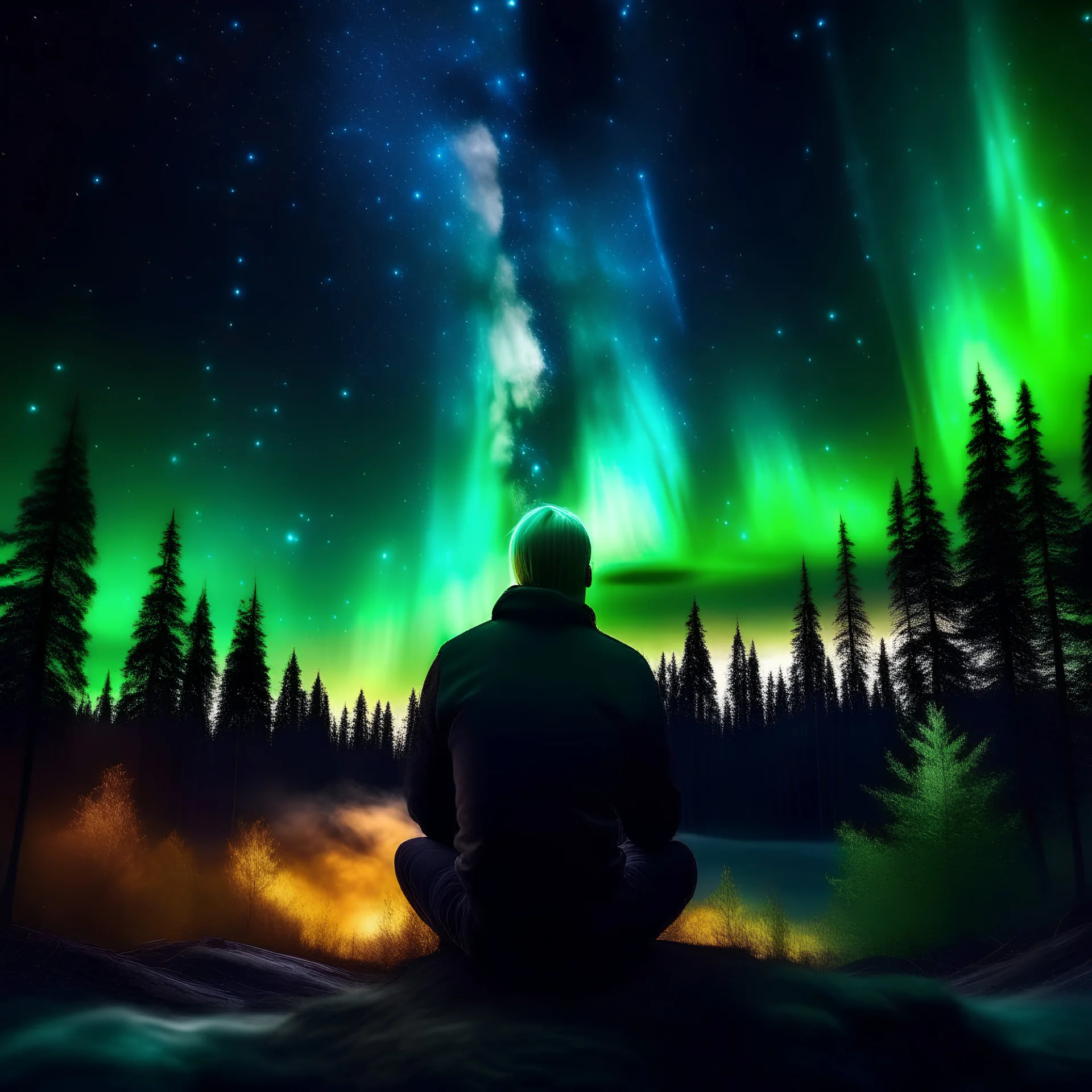 Create an imaginary picture of a person sitting in the middle of a forest with a burning fire in front of him and in the sky bright stars bursting with energy and the glow of the aurora borealis.