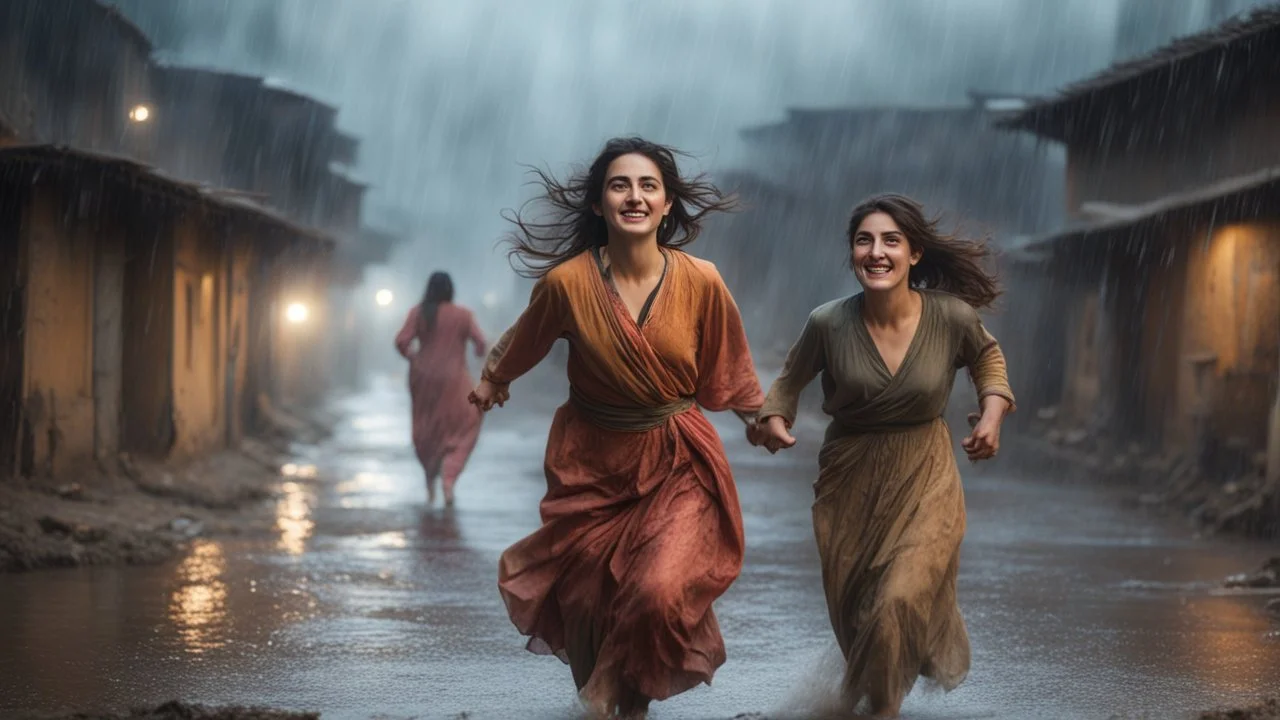 Hyper Realistic Beautiful-Happy-Pashto-Women running across the streets of her village riverside at heavy-rainy-night with dramatic-&-cinematic-ambiance