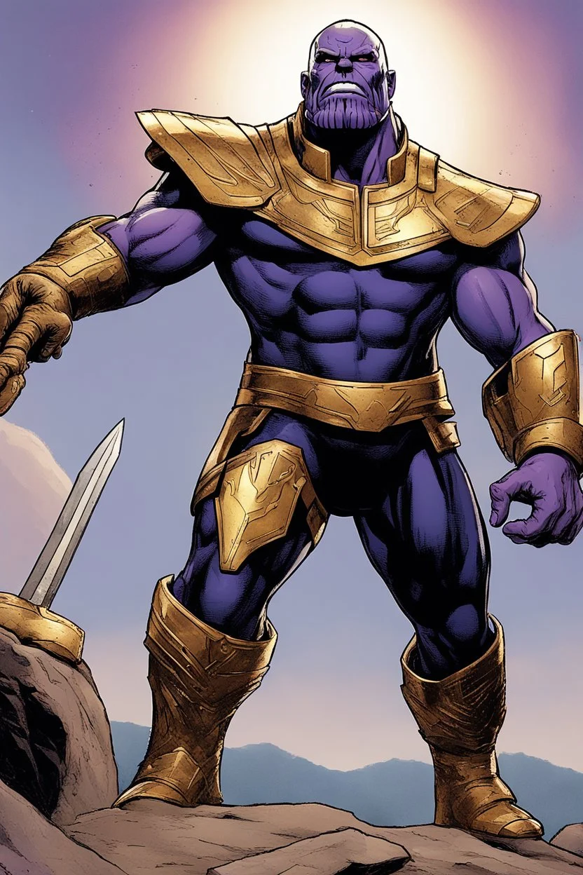 Thanos, the commander of the army of aliens and the king of the entire galaxy, is ready to go on a campaign with his two large swords, his very beautiful and impenetrable armor with his golden helmet, standing on top of a hill with his sword with infinity gauntlet