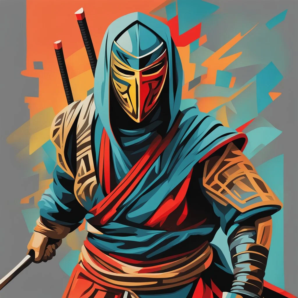 Dibujo realista estilo picasso de un Ninja calidad ultra, hiperdetallado, 8k, colores complementarios, cuerpo completo