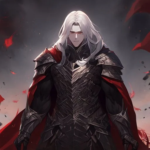 Vampire knight, young man, handsome, long white hair, black full plate armor, red cape