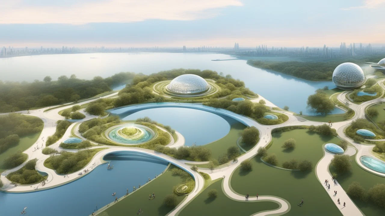 theme park of the city of the future 2050, fairy tale, radiance, abstraction, bird's eye view, walking park