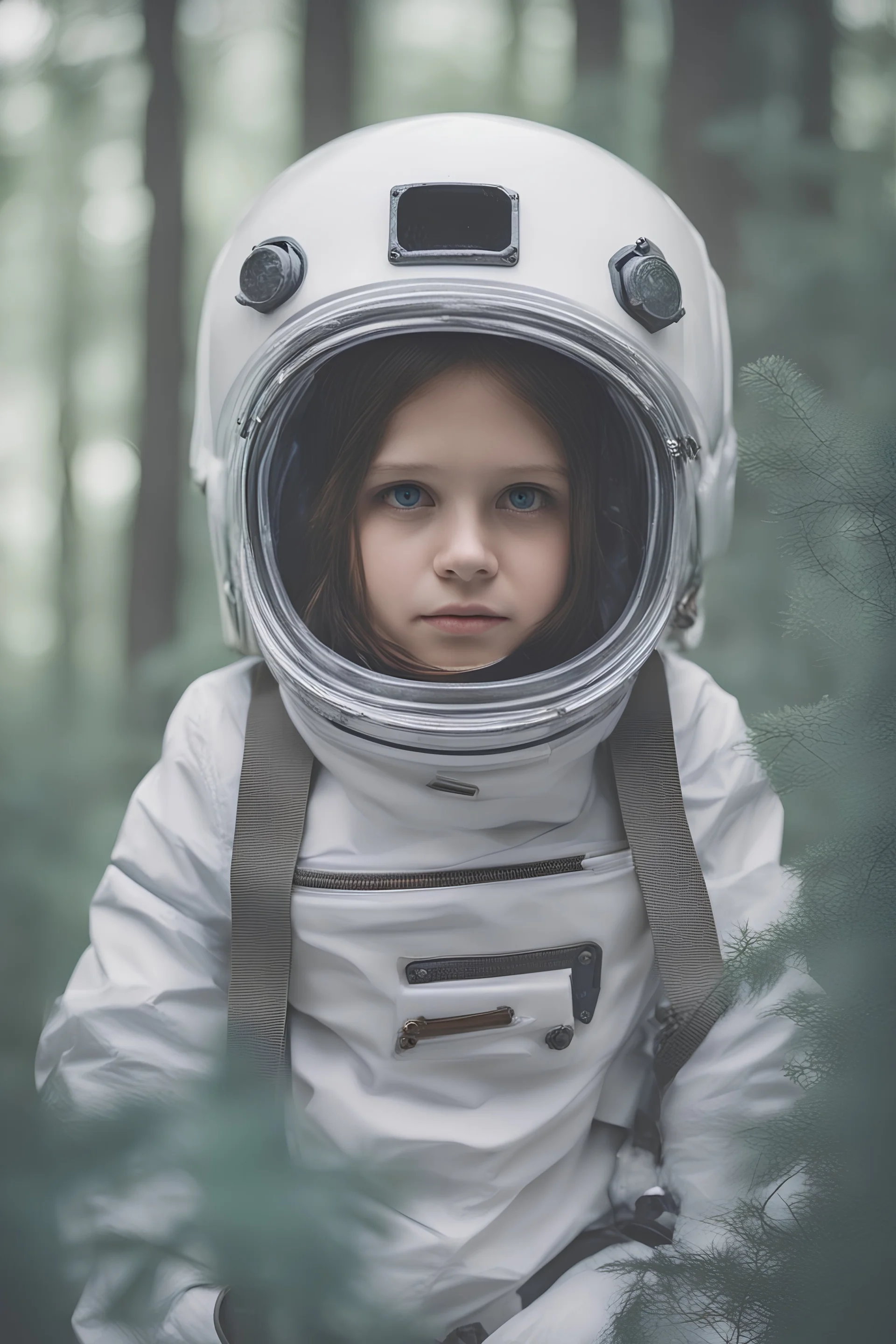 Ragazza con casco da astronauta in una foresta