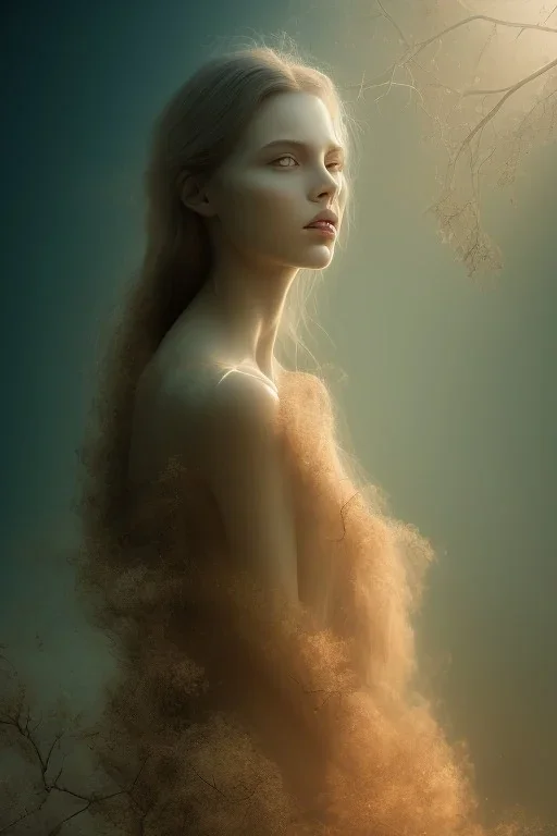 portrait photography of an ethereal beauty, 8K, oak tree roots, a woman's head, sunny, mist, smoke