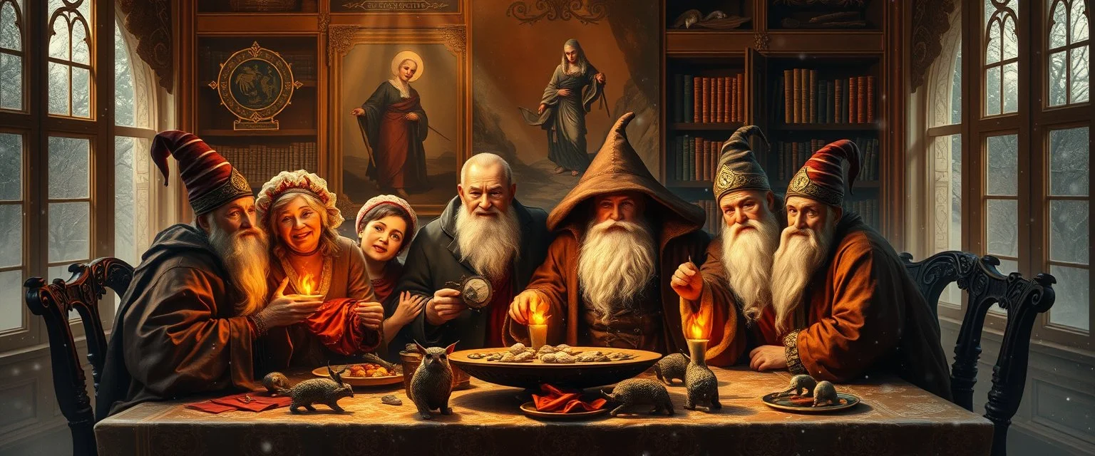 Dynasty family, all generations, by table, in winter glow, master oil painting by Rembrandt, arts magica spy gnomes soap opera poster, huge multi level archive, library, woodland creatures, motion blur, background mist, light beam from windows Let the magic flow Oh winter glow Don't let it go [Bridge] Stars above like tiny fires Hearts alight with quiet desires