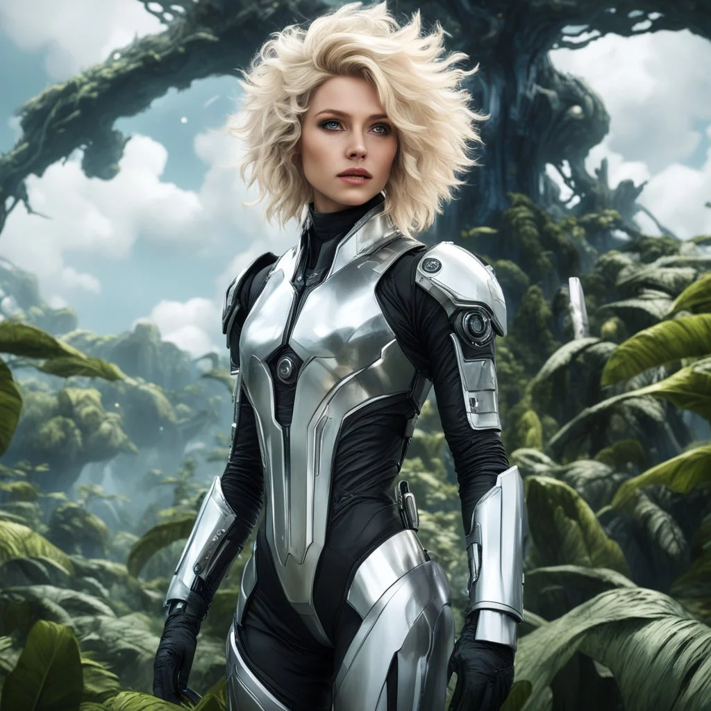 Photo of a slim sci-fi woman with scruffy blond hair, wearing a silver and black futuristic android-looking spacesuit, standing on an alien cloud tree jungle planet