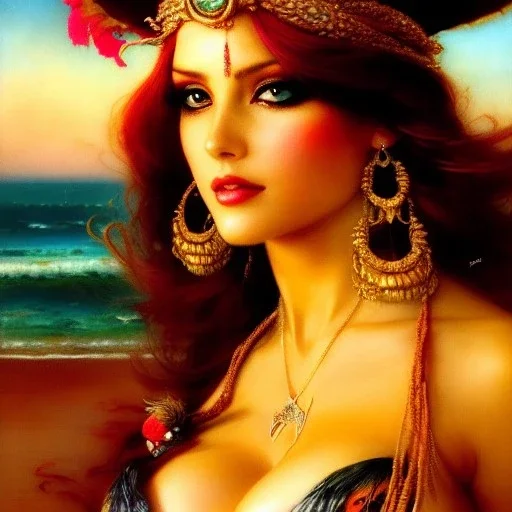 Drawing of beautiful face busty pirate woman,sweet stare,tropical beach,treasure map, parrot pet,ancient leather armor, balanciaga fashion clothe painting by gaston bussiere, greg rutkowski, yoji shinkawa, yoshitaka amano, tsutomu nihei, donato giancola, tim hildebrandt, oil on canvas, cinematic composition, extreme detail,fit full head inside picture,16k