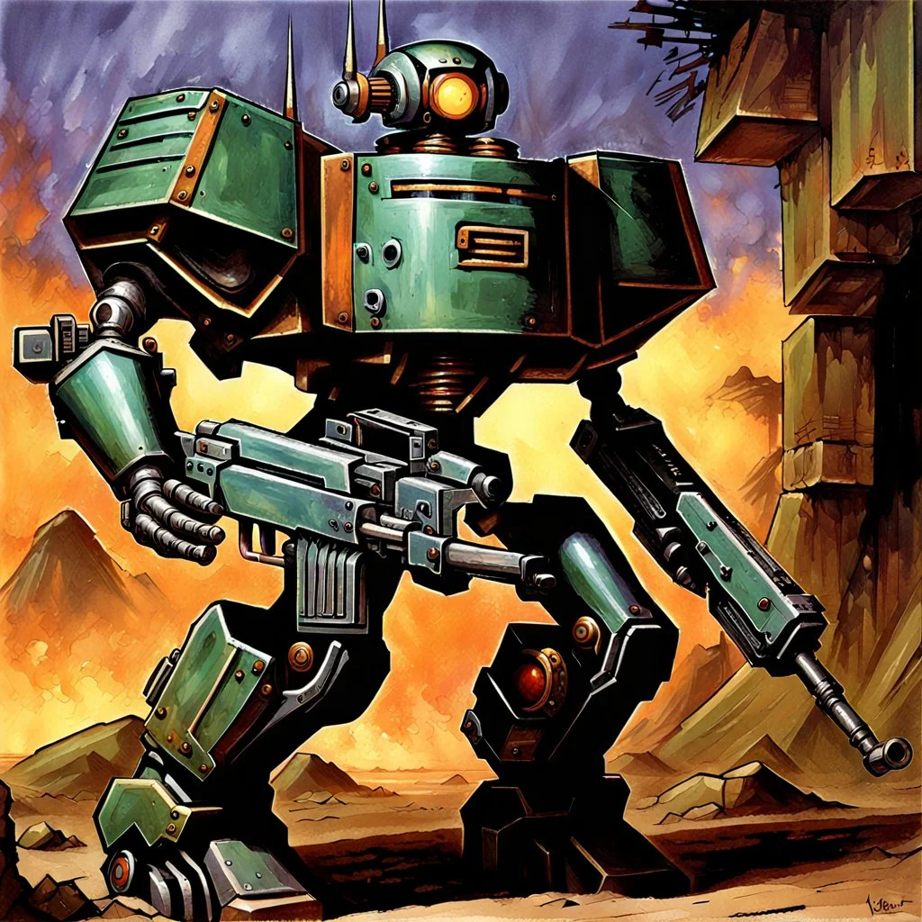 90's fantasy tcg art of a large steel machine gun robot