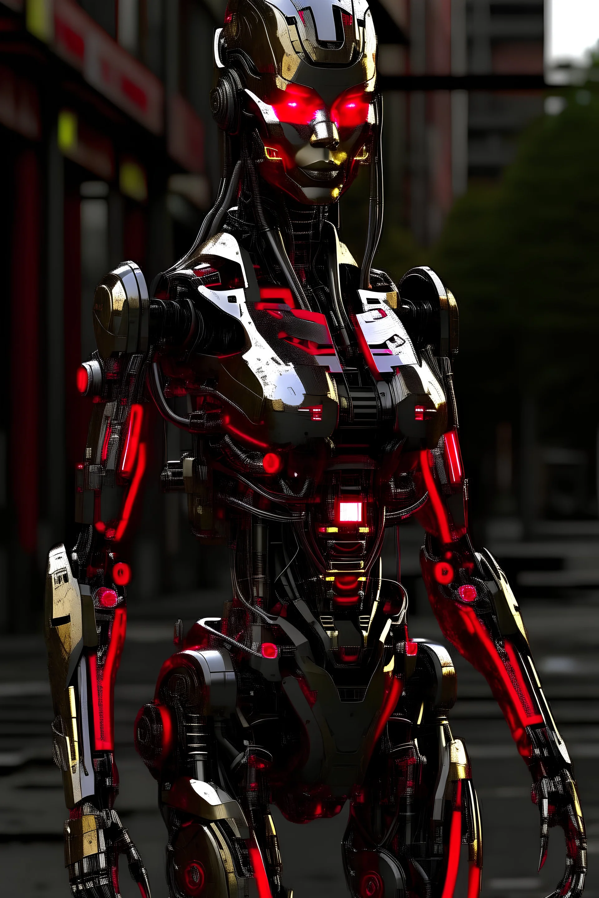 a raw photo of a fembot, natural lighting ,looking at the viewer, attractive, accessories, highly detailed, red eyes, conceptual, science fiction--v6, full body portrait, artstation, deviantart, pose, outside