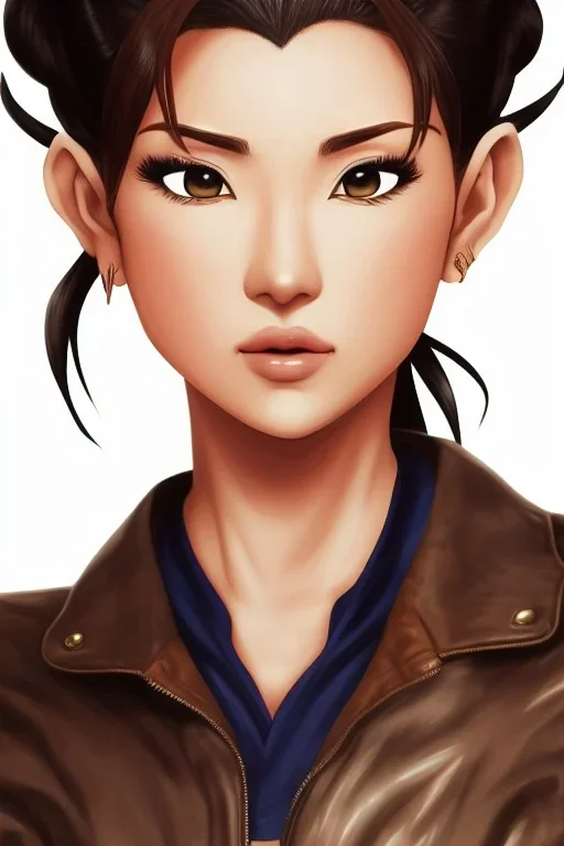 pristine full face portrait of beautiful natural chun-li, au naturel, sexy, smirking, intricate, elegant, detailed light brown eyes, leather jacket, digital painting, artstation, concept art, smooth, sharp focus, illustration, pivot on face, art by omar ortiz