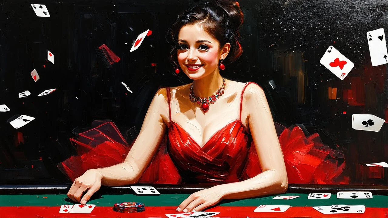 impressionist oil painting smooth brush strokes "head and shoulder" beautiful woman sitting at poker table elegant red tulle and shiny dress, red jewelry black hair in a bun, big hanging curls, slight smile, eyes downcast, long eyelashes cards in hand dark background other small cards flying around her some deteriorating grainy noise falling particles, backlight