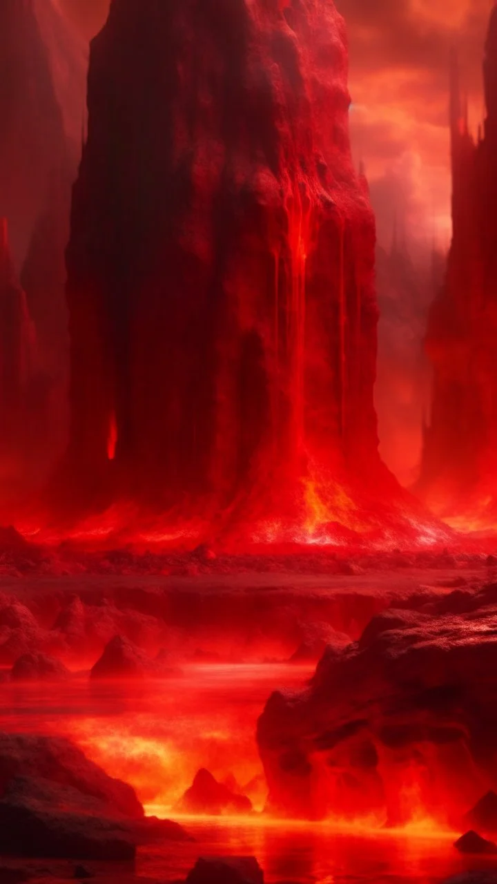 Lava lake in hell with land surrounding it, realistic close up