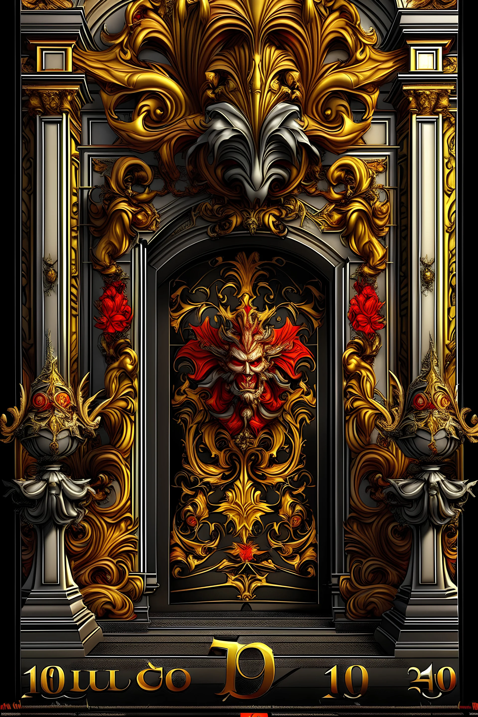 Thank you! 700 baroque style text subtitle portrait onn a baroque citygate, ribbed with baroque style Golden ad black gothica filigree embossed floral motifs ribbed with red and white and black, opal, obsidian and grey extremely detailed hyperrealistic maximálist concept gothica athmospheric orange, red, black, white concept art