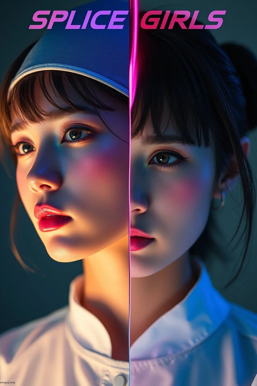 cyberpunk high-end advertisement image for a fictional service called “Splice Girls Nurses, Rebuilding Bone Structure on Transparent People™”. Split-screen composition with two contrasting emotional states.