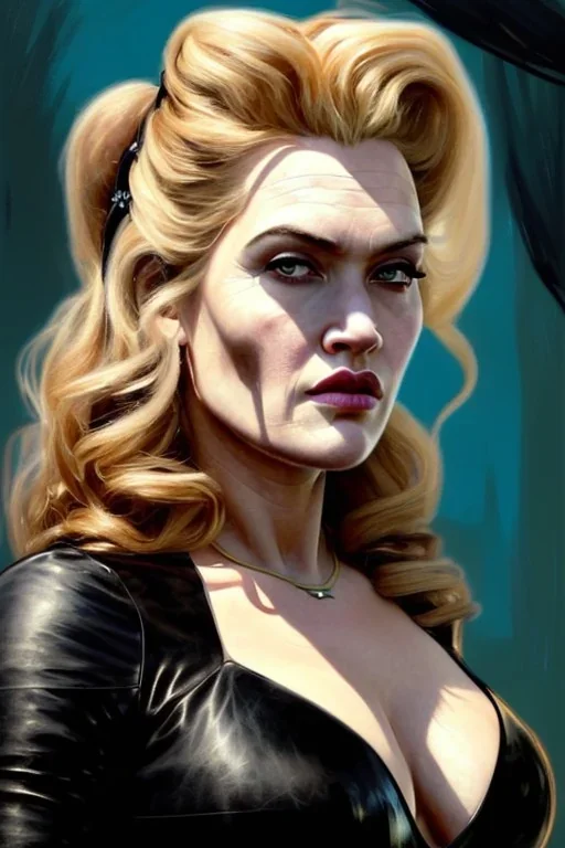 painting of kate winslet as evil queen in black leather gown, feminie, angry, stern look on her face, volouptous, busty, cleavage, emperious, mature, highly detailed, digital painting, artstation, concept art, smooth, sharp focus, illustration, art by gaston bussiere and alphonse mucha