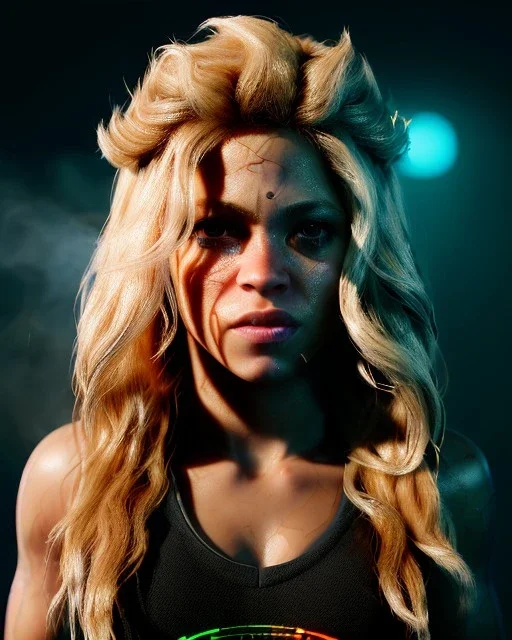 portrait, Shakira, blonde artist, angry, Realistic image, MMA robe, hoodie, mma gloves, loose long hair, eyes, make-up, gold line make-up, moisture, sweat, fog, goddess, Neon colors, leds. Black background, photo studio, concept art, smooth, unreal engine 5, god lights, ray tracing, RTX, lumen lighting, ultra detail, volumetric lighting, 3d, finely drawn, high definition, 4k.