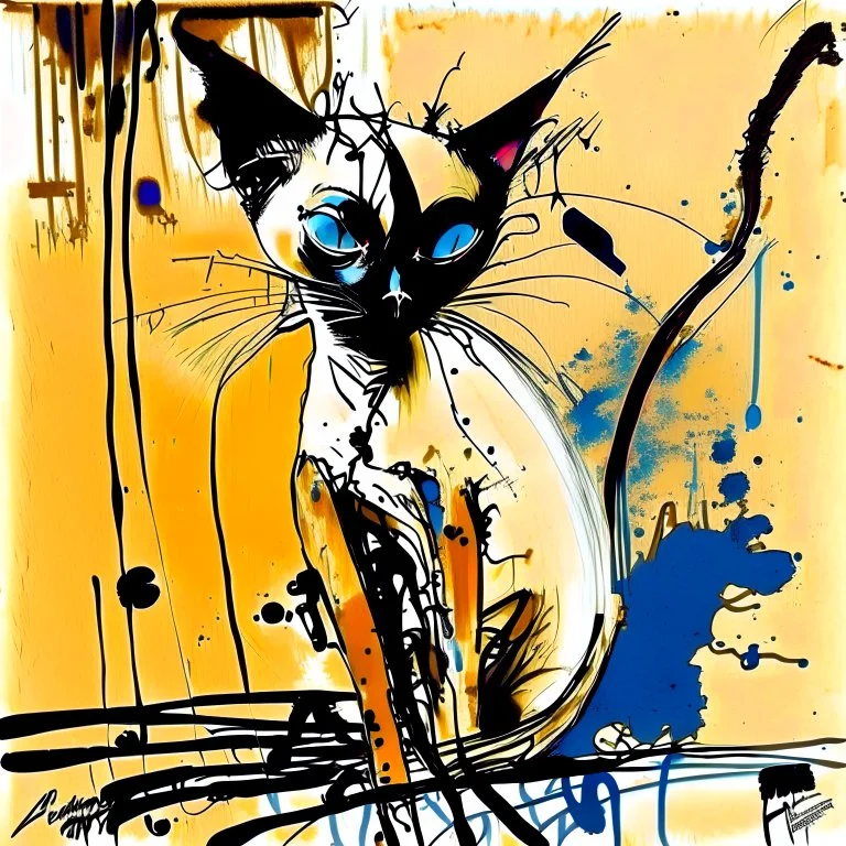 Siamese cat,enigmatic genius of Ralph Steadman. vivid images sprang forth, creating a surreal tapestry of emotions. inked lines danced with chaos and precision, capturing the essence the intensity and rawness of his art, the "Style of Loish" a symphony of colours and lines dancing upon the canvas and every stroke exuded a harmonious balance of elegance and vibrancy.