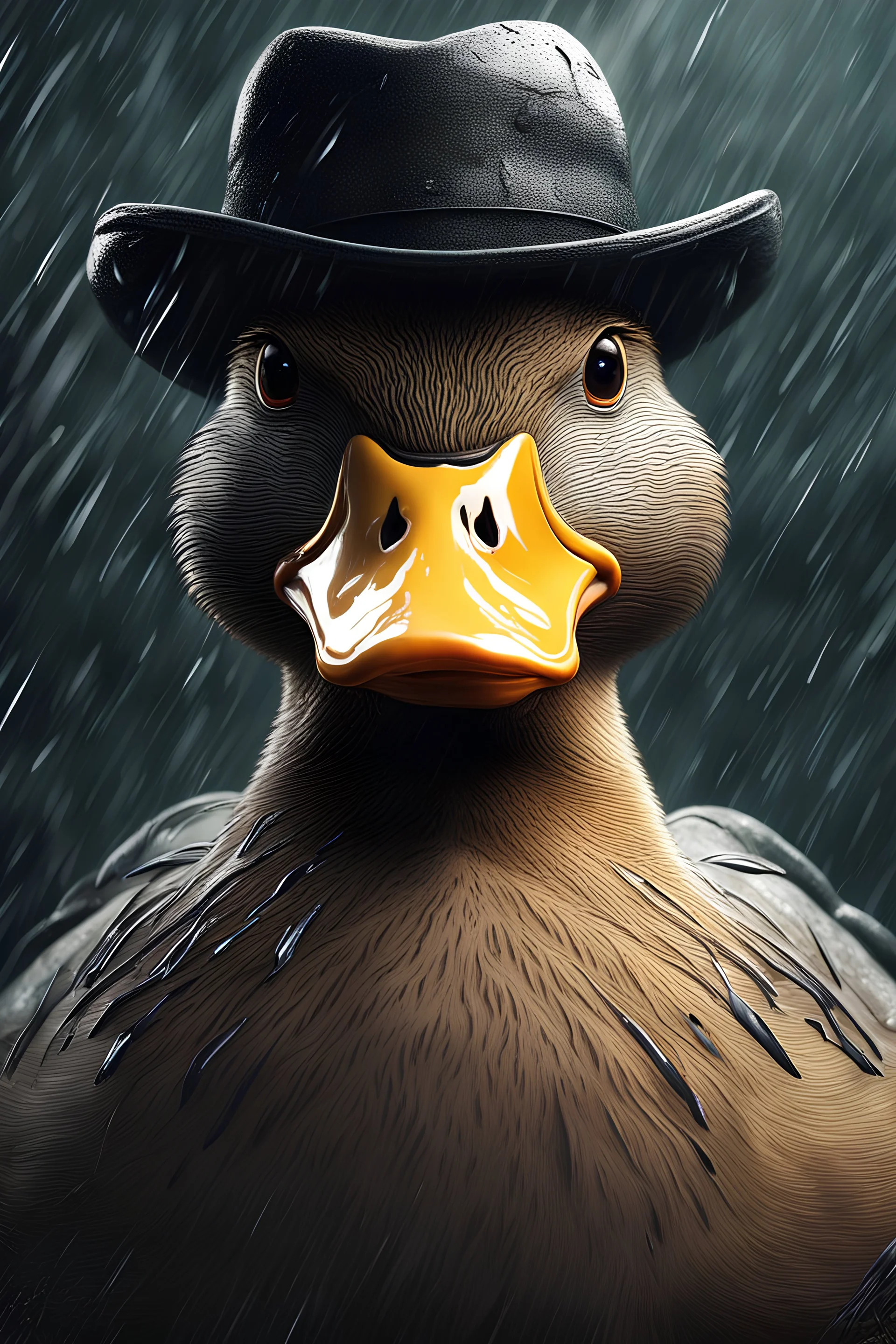 Portrait of a duck, close-up, wearing a hat, in the pouring rain, large drops dripping down the hat, the duck is dry, gloomy colours, gloomy skies, very neat digital artwork, unreal engine, blender art by artgerm, magnificent composition, ultra-realistic, intricate design and detail, photorealistic, very detailed and delicate processing, 32k UHD, sharp super focus, perfect image, perfect composition, a masterpiece, golden ratio, art direction, super quality model