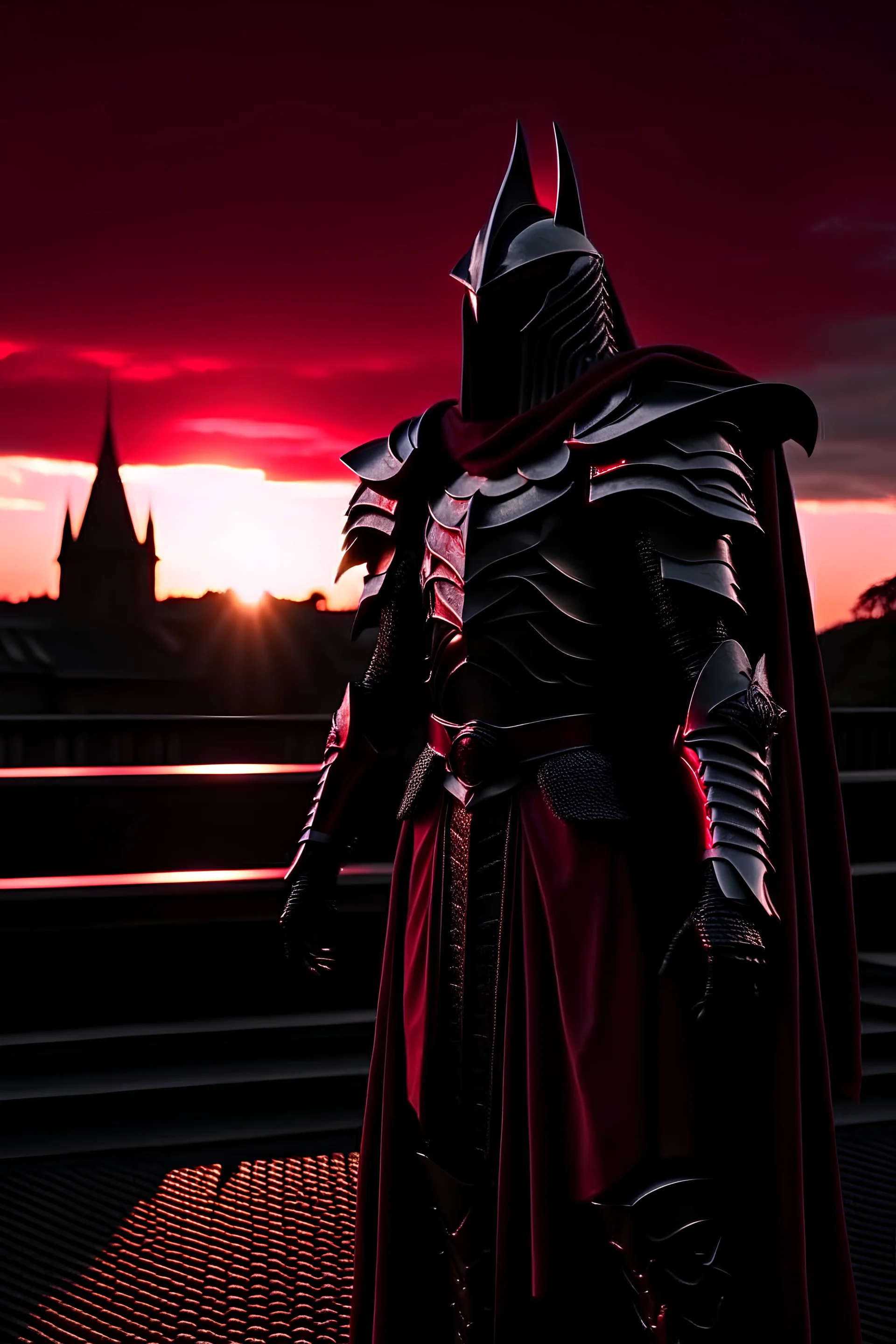 Vampire, shining silver knight, black trim, armor, pointed helmet, crimson half-cape, standing on a rooftop facing towards a sunset in the background