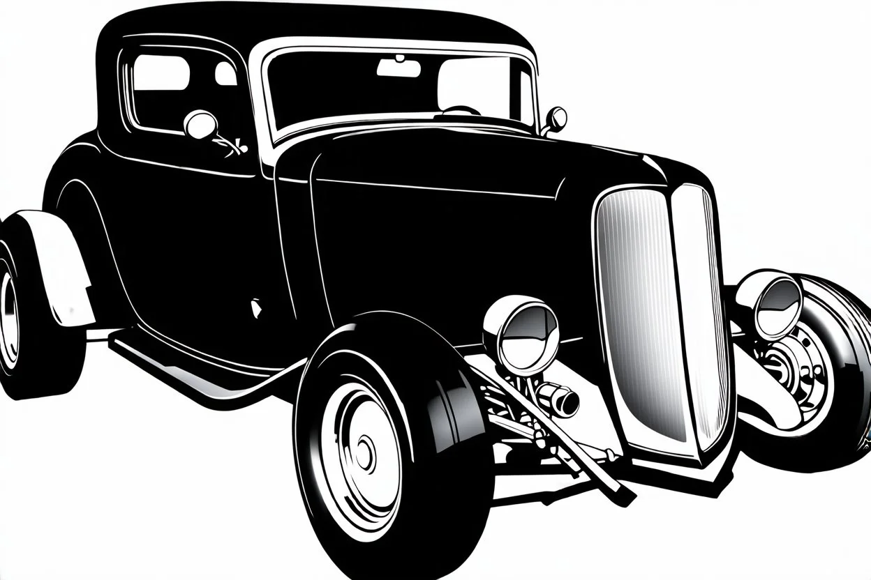 black 1932 ford hotrod, black line drawing on white, vector