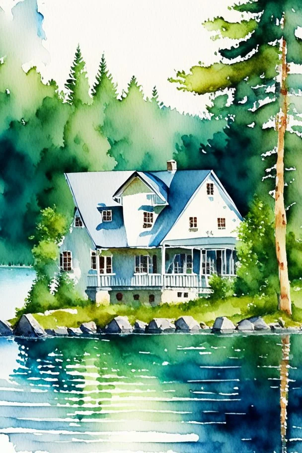 serene vacation lake house, watercolor painting