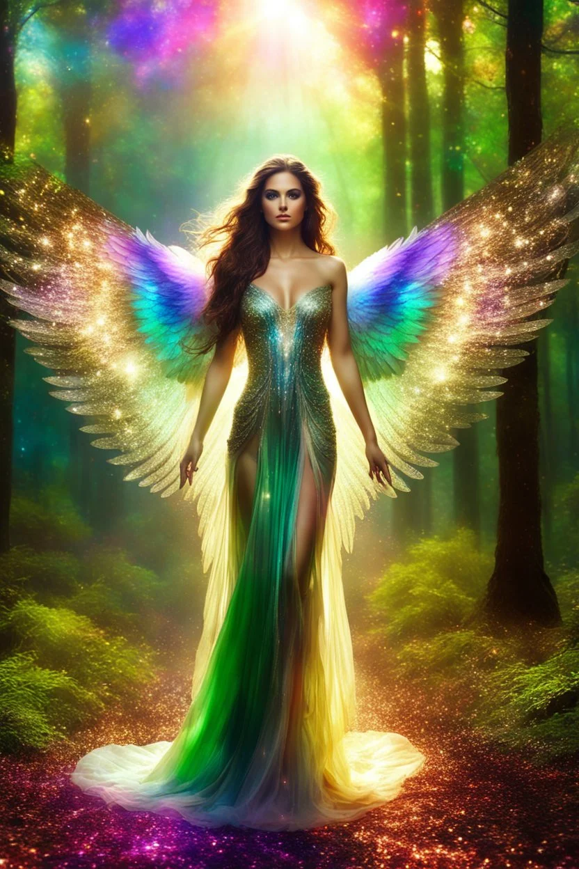 Gorgeous Photography Realistic Natural Beautiful Angel woman straddle wings with gown shiny brown flowing hair, glitter colorful Angel wings, lovely glowing green eyes, surrounded by magical colorful forest and flickering lights, digital photography, kaleidoscope, vibrant colors, vivid colors, colorful,she walk in magic forest full sparkling light