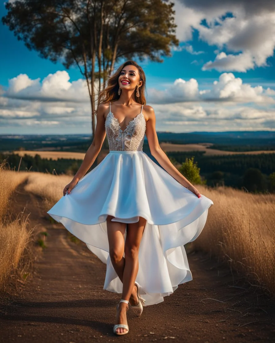 full-body closeup shot of a young, beautiful girl with a perfect face and makeup,wearing pretty dance dress standing in a stage in open air nice hills , blue sky ,pretty clouds at distant