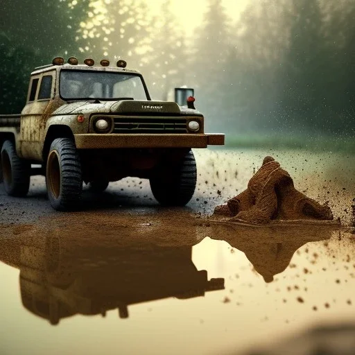 hyperrealistic shot, muddy military toy truck, earth color palette, sharp focus, puddle reflection, tire water splash, refraction, mist on the horizon, shadowcast, detailed and intricate, cinematic composition, micro, tilt shift photography